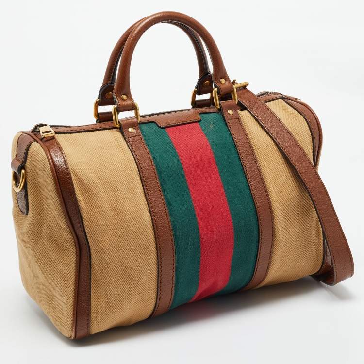 Pre Owned Gucci Brown/Tan Canvas Medium Vintage Web Boston Bag