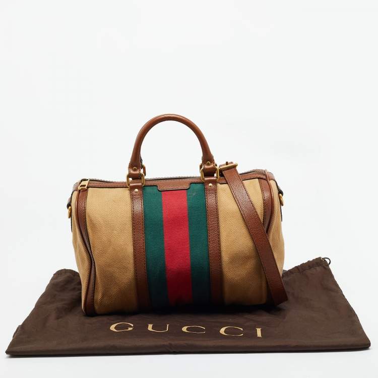 Pre Owned Gucci Brown/Tan Canvas Medium Vintage Web Boston Bag