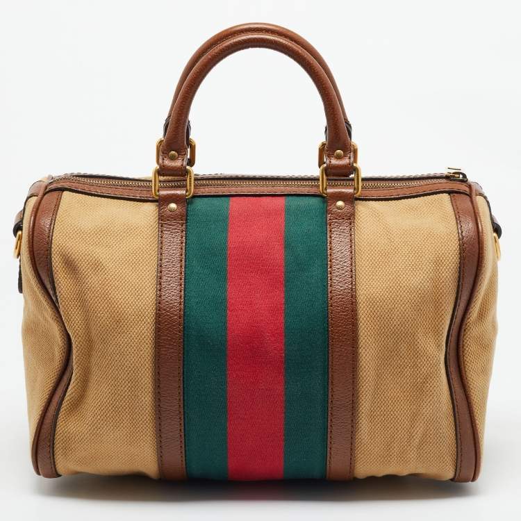 Pre Owned Gucci Brown/Tan Canvas Medium Vintage Web Boston Bag