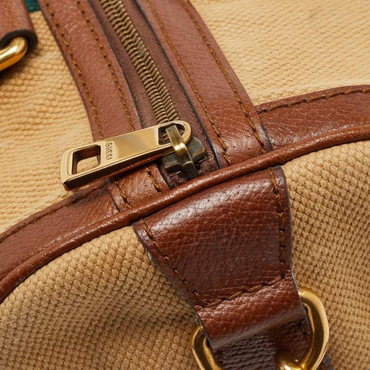 Pre Owned Gucci Brown/Tan Canvas Medium Vintage Web Boston Bag