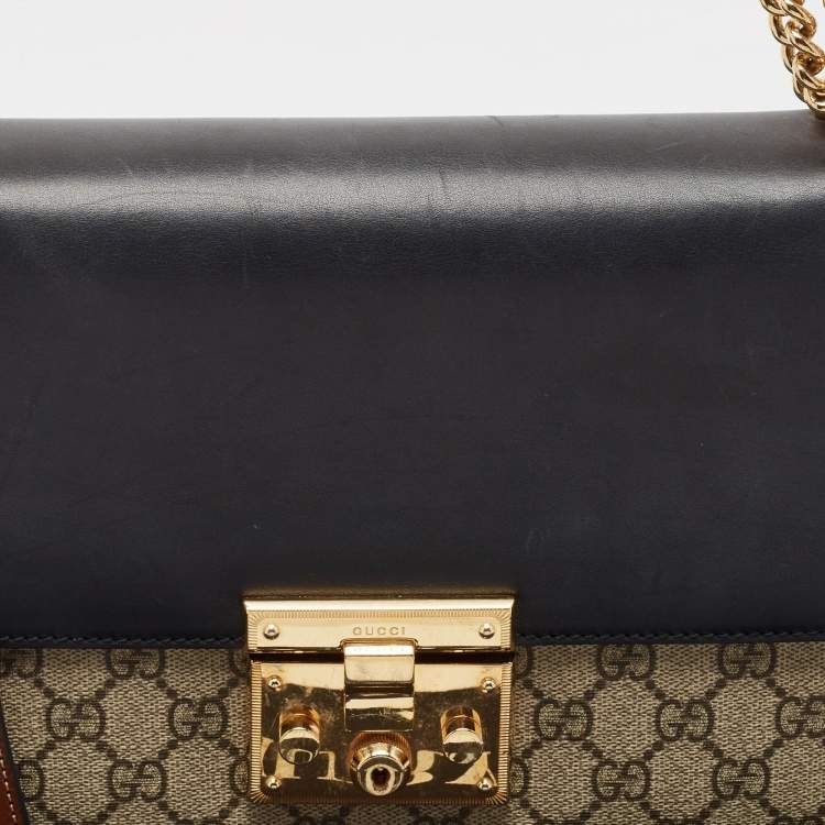 Pre Owned Gucci Beige/Black GG Supreme Canvas and Leather Medium Padlock Shoulder Bag