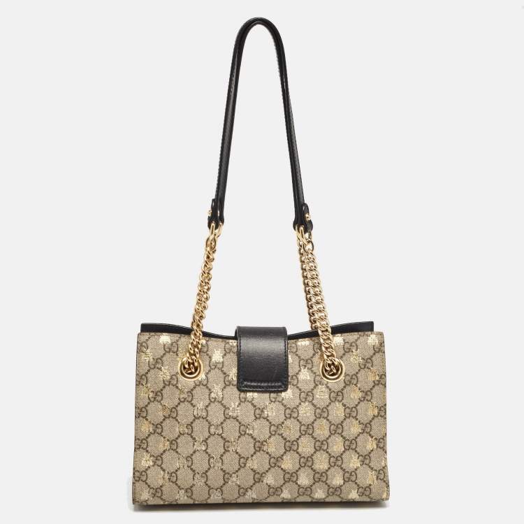 Pre Owned Gucci Black/Beige GG Supreme Canvas and Leather Small Padlock Bee Tote