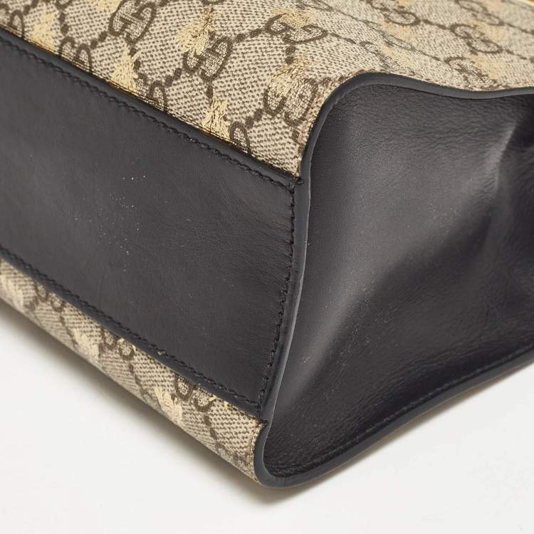 Pre Owned Gucci Black/Beige GG Supreme Canvas and Leather Small Padlock Bee Tote