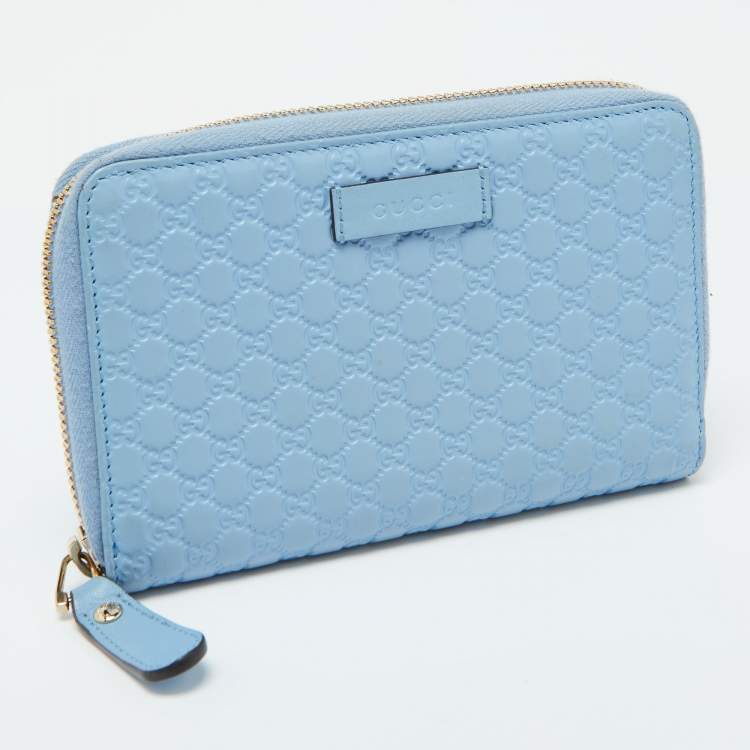 Pre Owned Gucci Blue Microguccissima Leather Zip Around Wallet