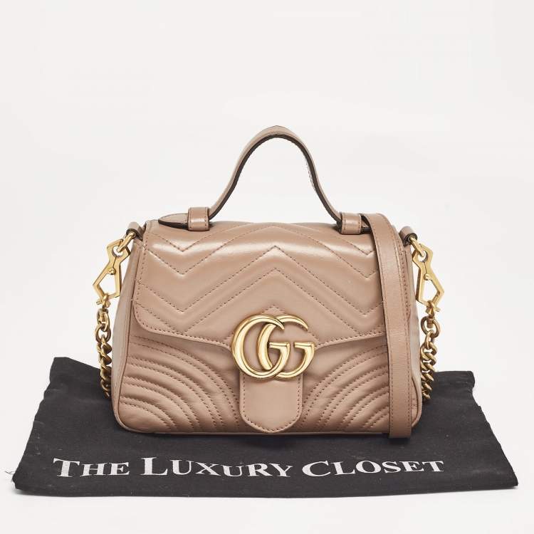Pre Owned Gucci Dusty Pink Matelassé Leather Mini GG Marmont Top Handle Bag