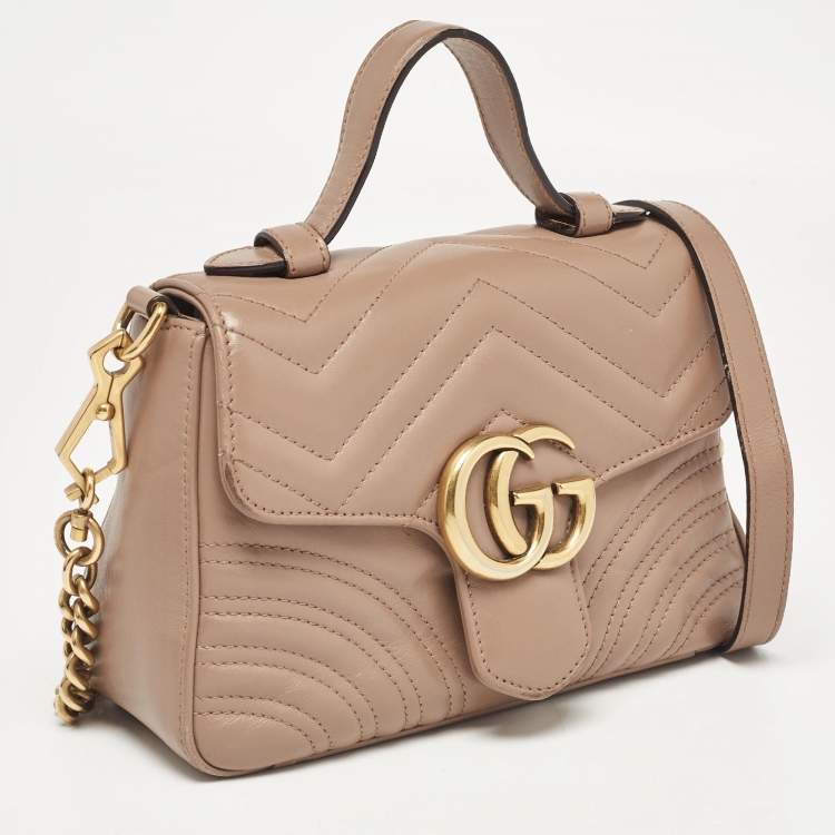 Pre Owned Gucci Dusty Pink Matelassé Leather Mini GG Marmont Top Handle Bag