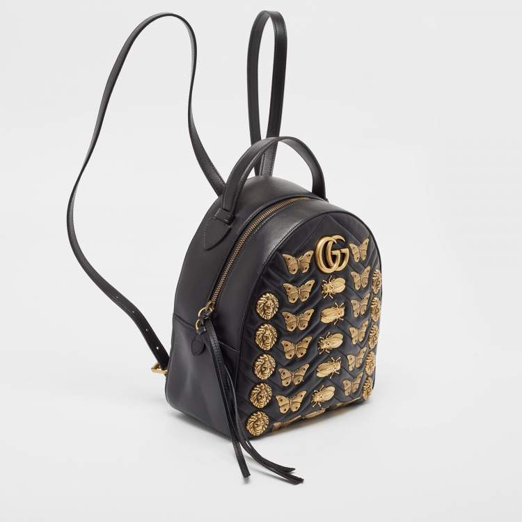 Pre Owned Gucci Black Matelassé Leather Animal Stud GG Marmont Dome Backpack