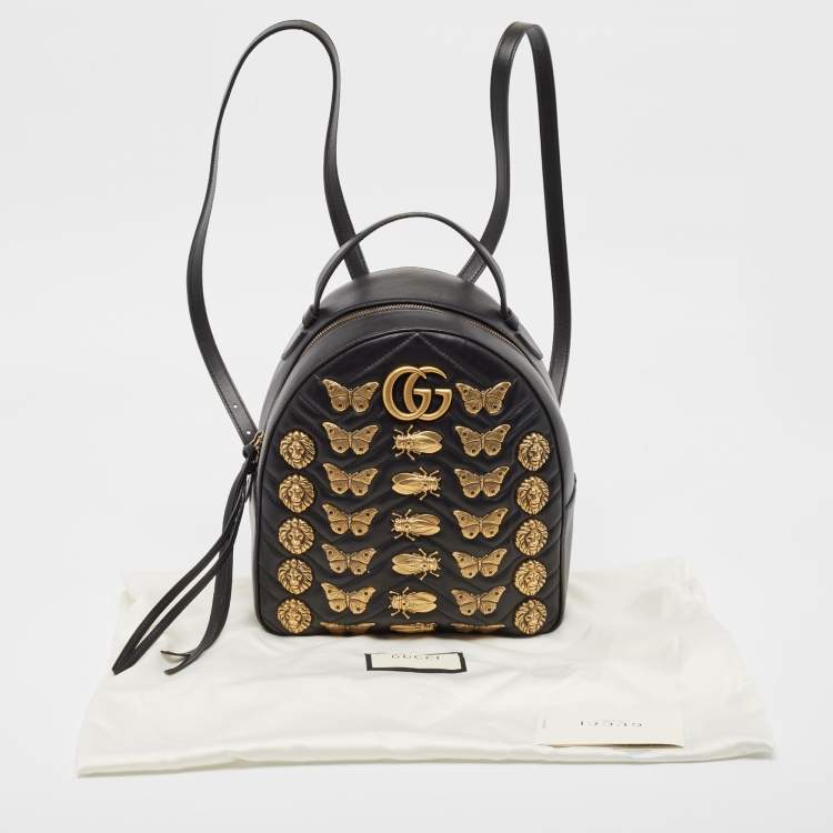 Pre Owned Gucci Black Matelassé Leather Animal Stud GG Marmont Dome Backpack