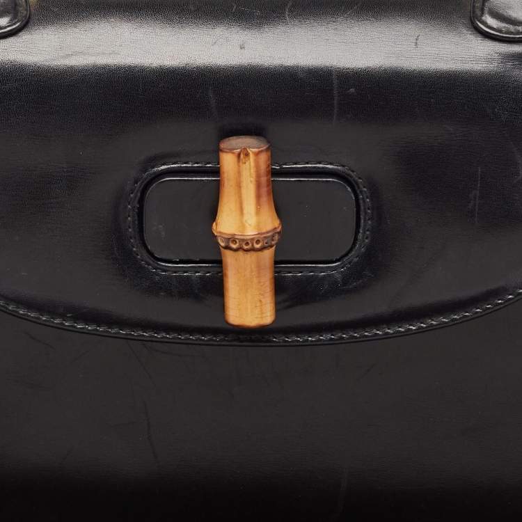 Pre Owned Gucci Black Leather Vintage Bamboo Top Handle Bag