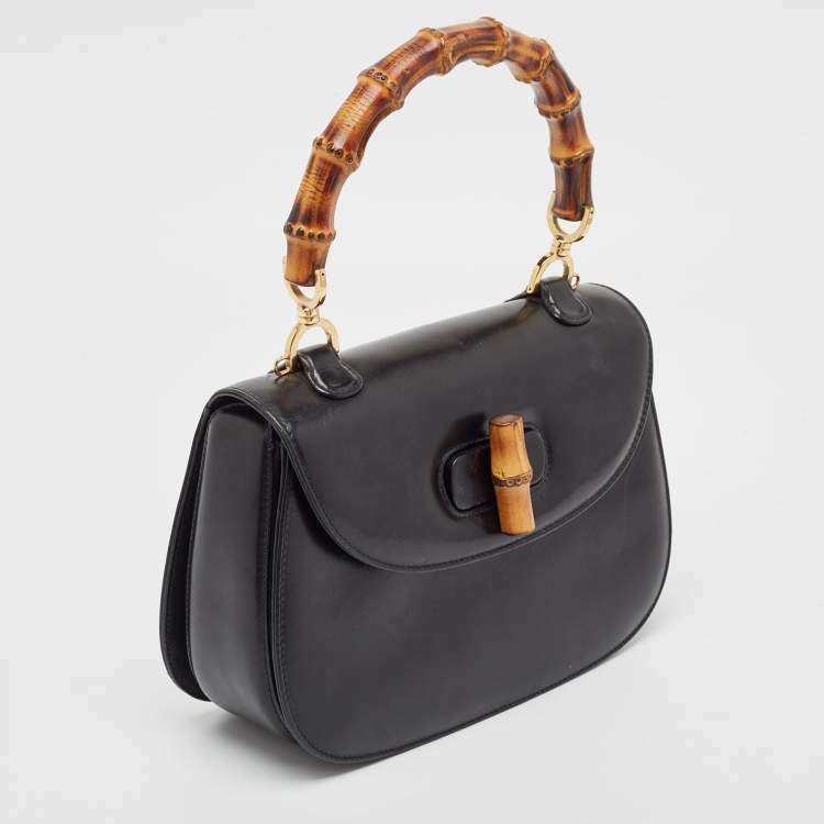 Pre Owned Gucci Black Leather Vintage Bamboo Top Handle Bag
