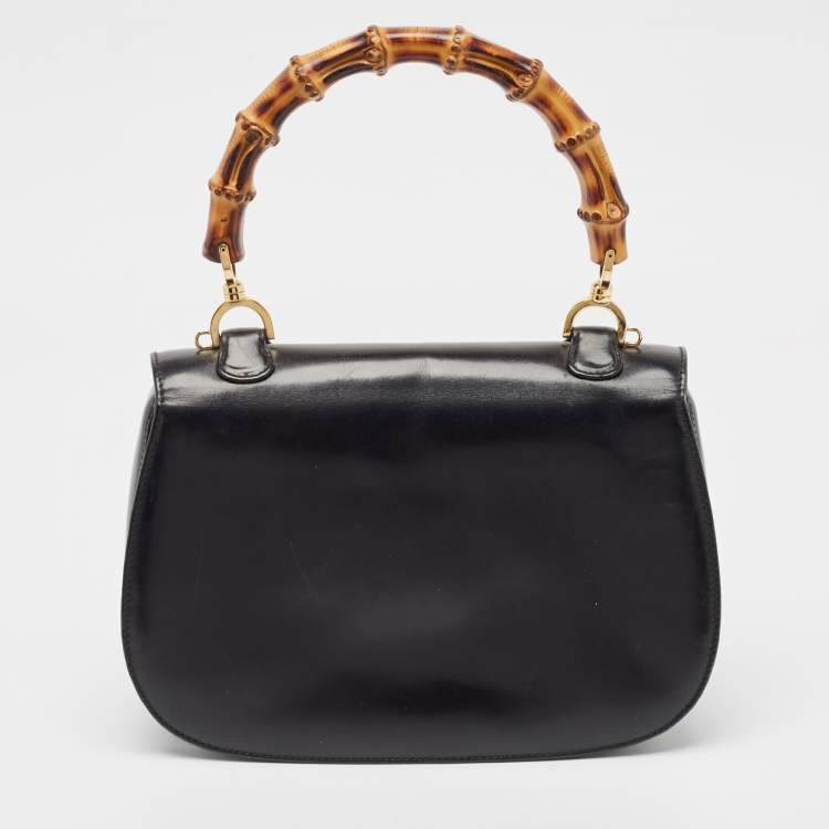 Pre Owned Gucci Black Leather Vintage Bamboo Top Handle Bag