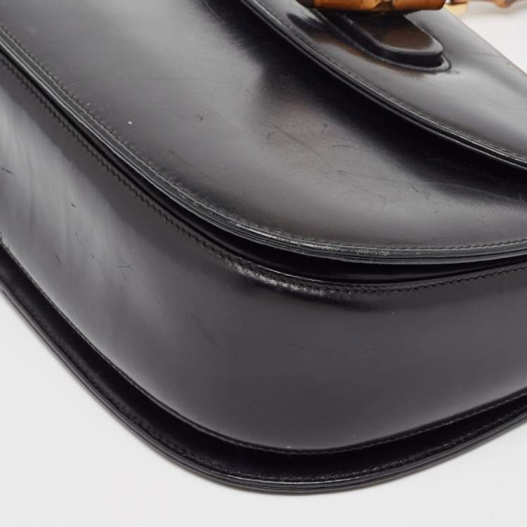 Pre Owned Gucci Black Leather Vintage Bamboo Top Handle Bag