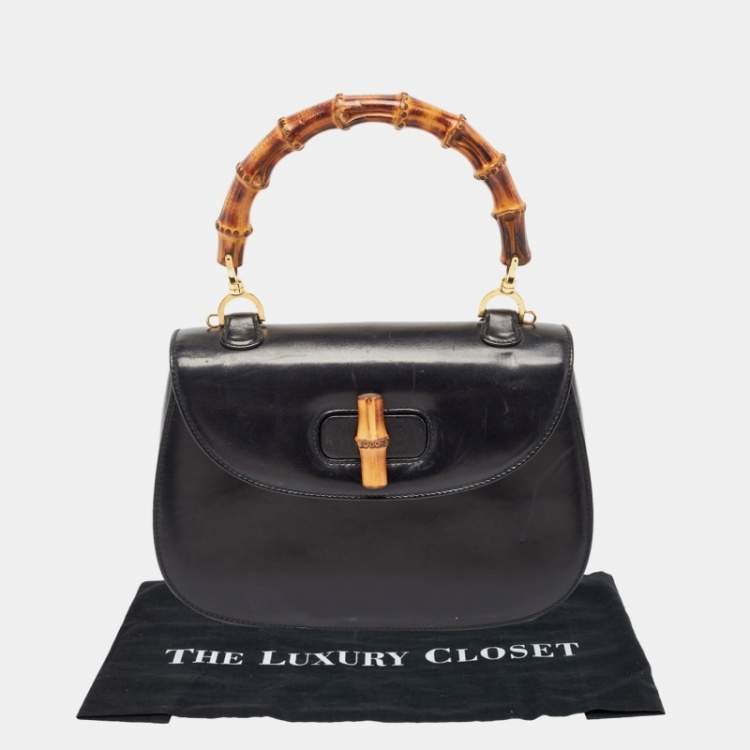 Pre Owned Gucci Black Leather Vintage Bamboo Top Handle Bag