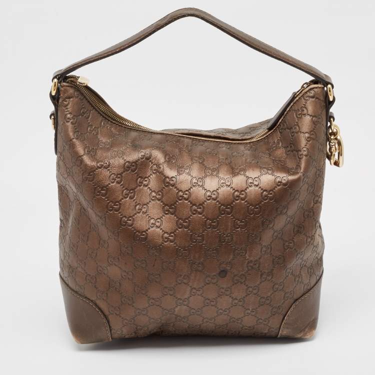 Pre Owned Gucci Dark Brown Guccissima Leather Heart Bit Charm Hobo