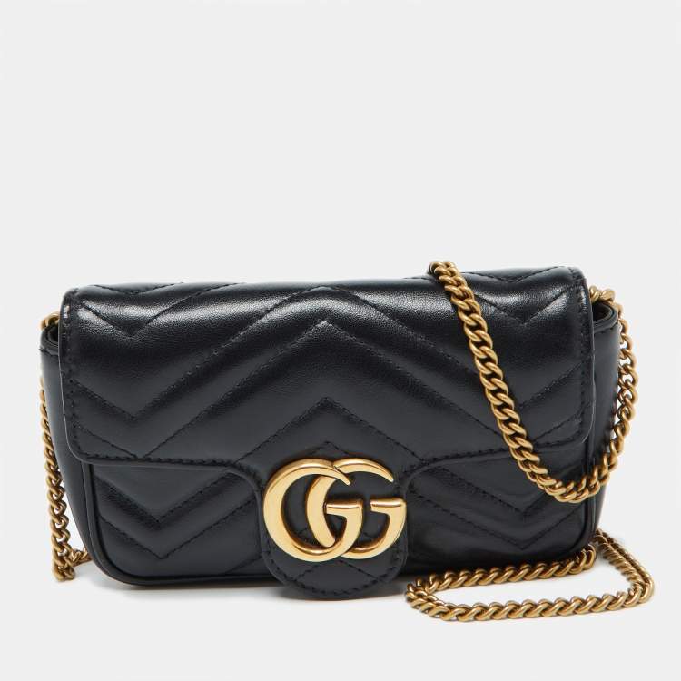 Pre Owned Gucci Black Matelassé Leather GG Marmont Super Mini Shoulder Bag