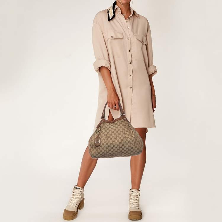 Pre Owned Gucci Beige/Brown GG Canvas and Leather Medium Sukey Tote