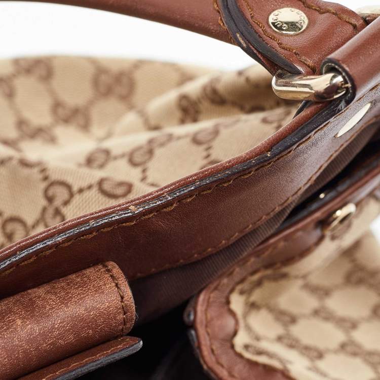 Pre Owned Gucci Beige/Brown GG Canvas and Leather Medium Sukey Tote