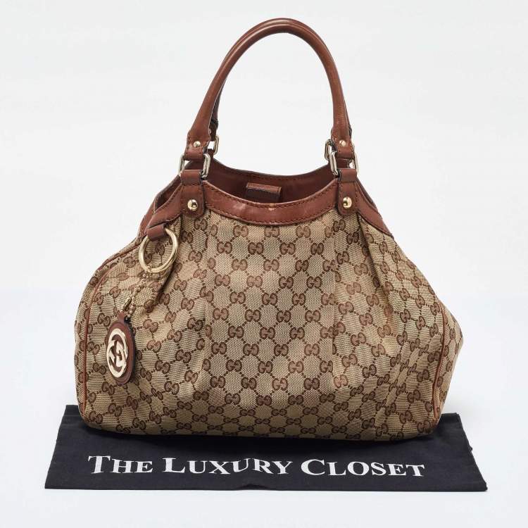 Pre Owned Gucci Beige/Brown GG Canvas and Leather Medium Sukey Tote