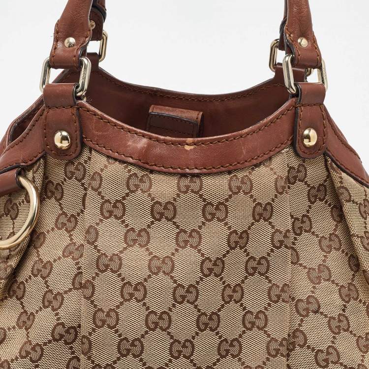Pre Owned Gucci Beige/Brown GG Canvas and Leather Medium Sukey Tote