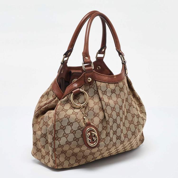 Pre Owned Gucci Beige/Brown GG Canvas and Leather Medium Sukey Tote