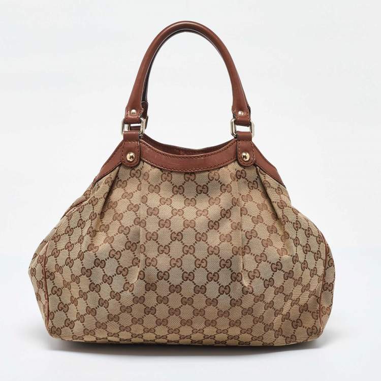 Pre Owned Gucci Beige/Brown GG Canvas and Leather Medium Sukey Tote