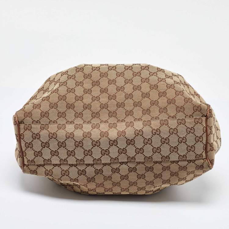 Pre Owned Gucci Beige/Brown GG Canvas and Leather Medium Sukey Tote