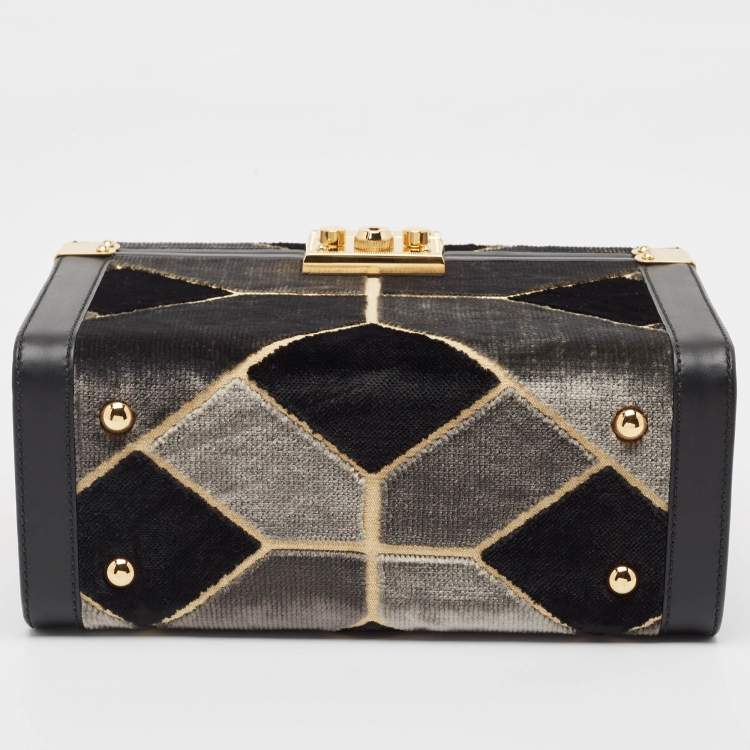 Pre Owned Gucci Black/Grey Printed Velvet and Leather Savoy Beauty Case Bag