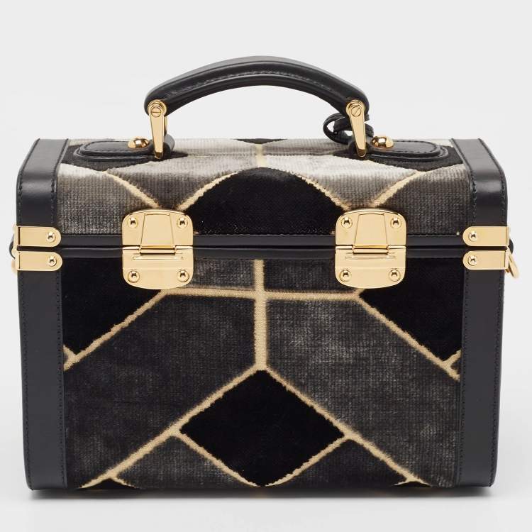 Pre Owned Gucci Black/Grey Printed Velvet and Leather Savoy Beauty Case Bag