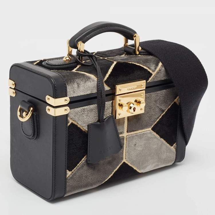 Pre Owned Gucci Black/Grey Printed Velvet and Leather Savoy Beauty Case Bag