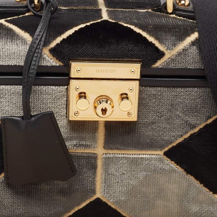 Pre Owned Gucci Black/Grey Printed Velvet and Leather Savoy Beauty Case Bag