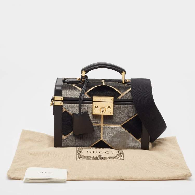 Pre Owned Gucci Black/Grey Printed Velvet and Leather Savoy Beauty Case Bag