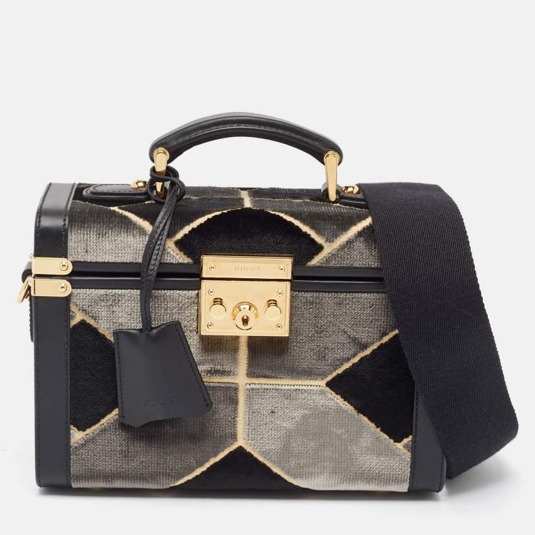 Pre Owned Gucci Black/Grey Printed Velvet and Leather Savoy Beauty Case Bag