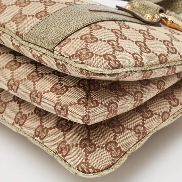 Pre Owned Gucci Metallic/Beige GG Canvas and Leather Bamboo Ring Satchel