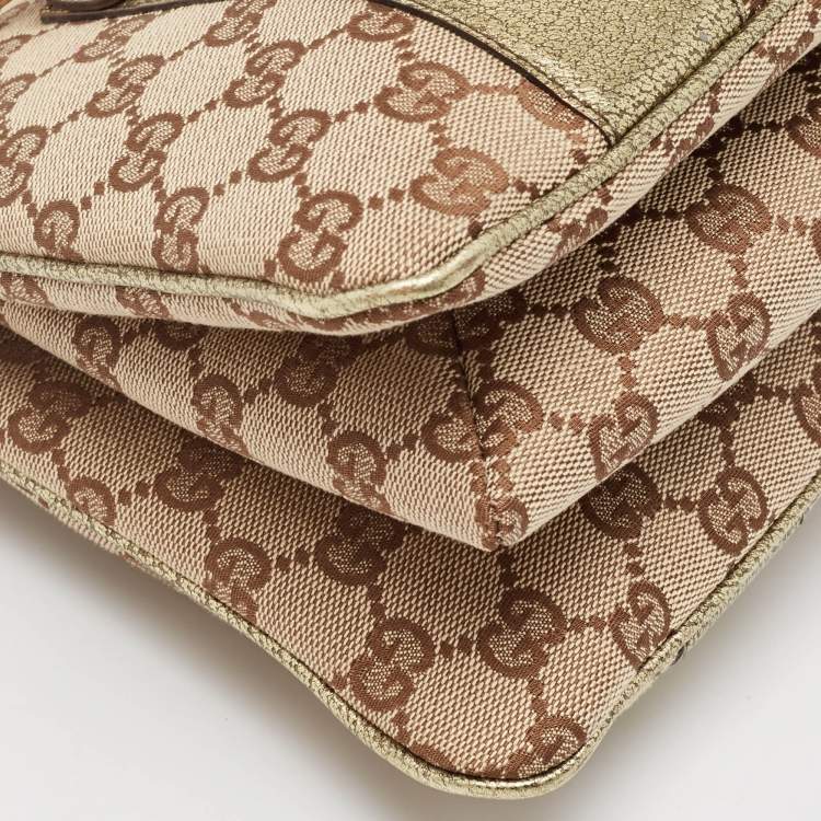 Pre Owned Gucci Metallic/Beige GG Canvas and Leather Bamboo Ring Satchel