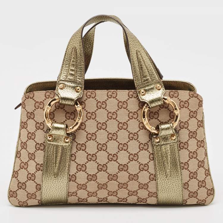 Pre Owned Gucci Metallic/Beige GG Canvas and Leather Bamboo Ring Satchel