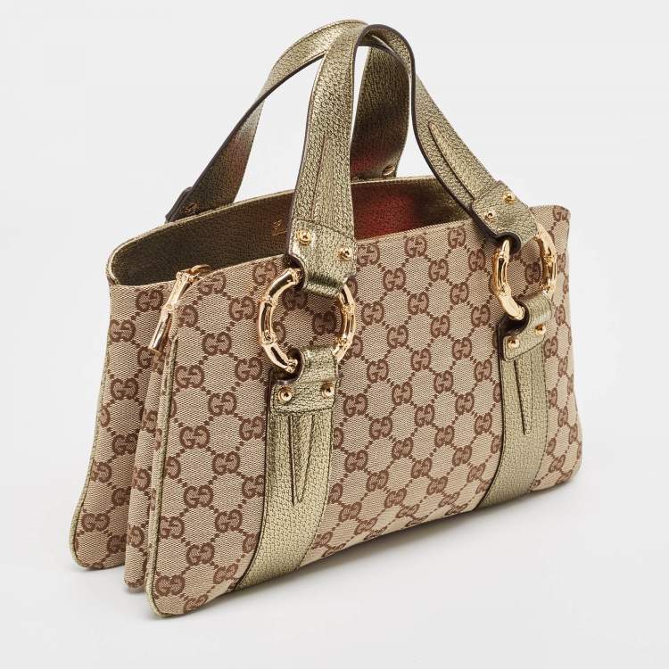 Pre Owned Gucci Metallic/Beige GG Canvas and Leather Bamboo Ring Satchel