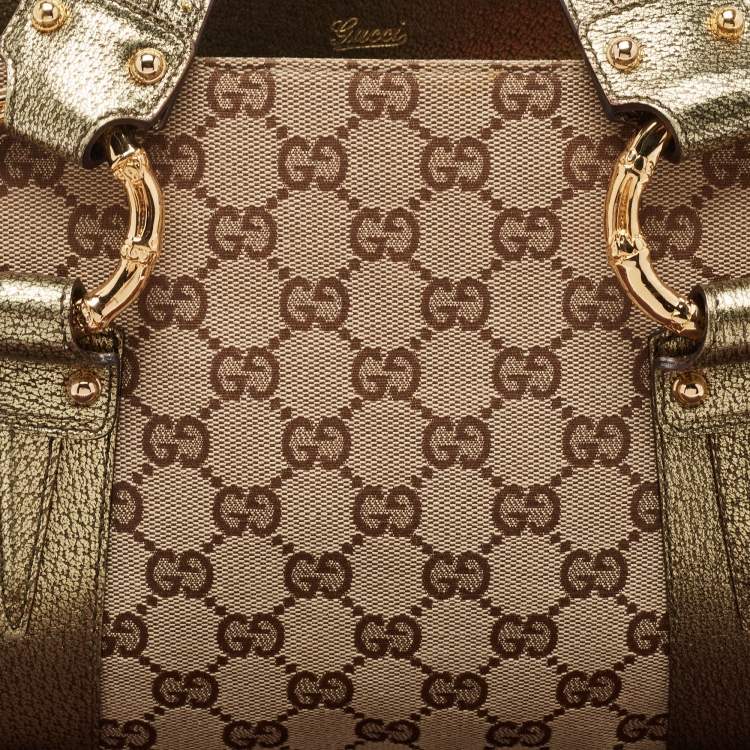 Pre Owned Gucci Metallic/Beige GG Canvas and Leather Bamboo Ring Satchel