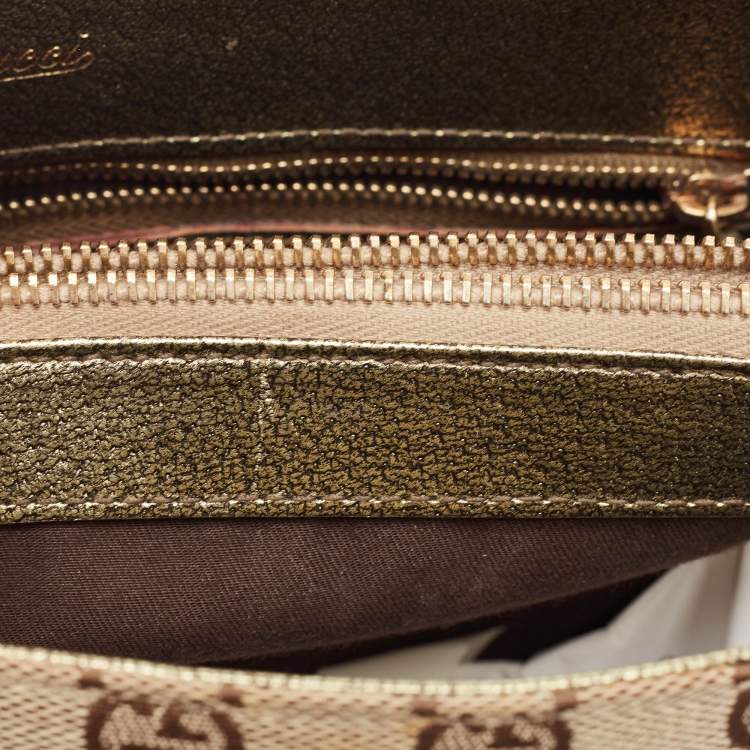 Pre Owned Gucci Metallic/Beige GG Canvas and Leather Bamboo Ring Satchel