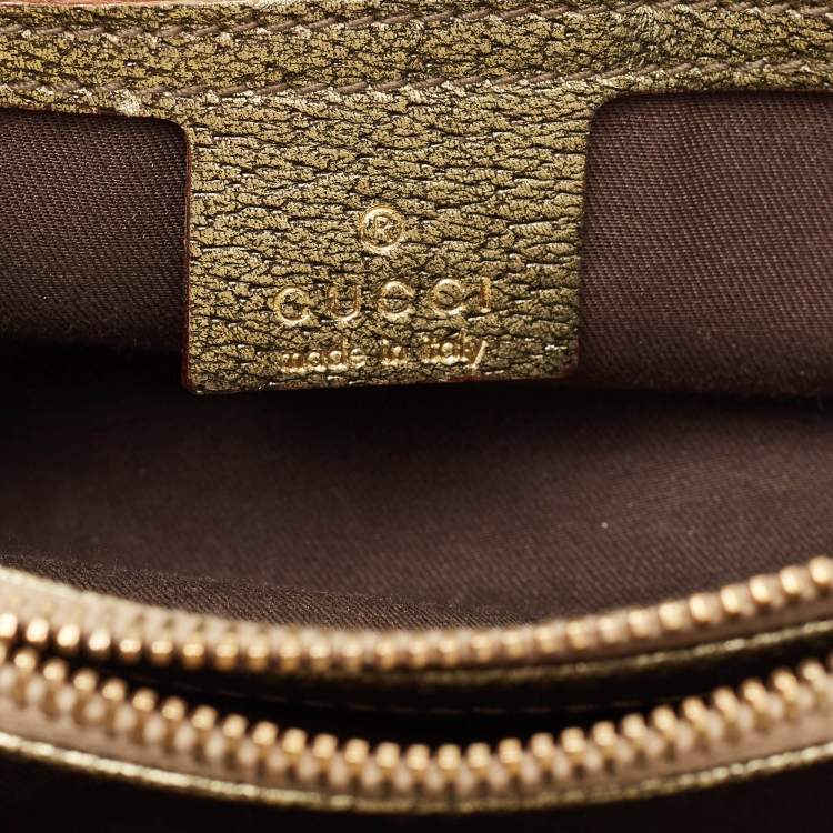 Pre Owned Gucci Metallic/Beige GG Canvas and Leather Bamboo Ring Satchel