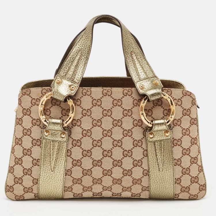 Pre Owned Gucci Metallic/Beige GG Canvas and Leather Bamboo Ring Satchel