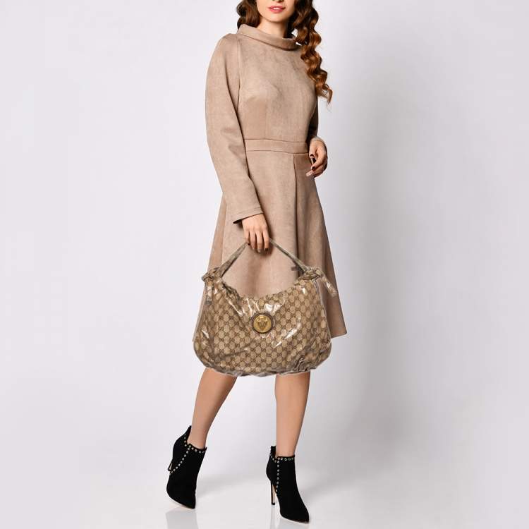 Pre Owned Gucci Beige GG Crystal Canvas Hysteria Hobo