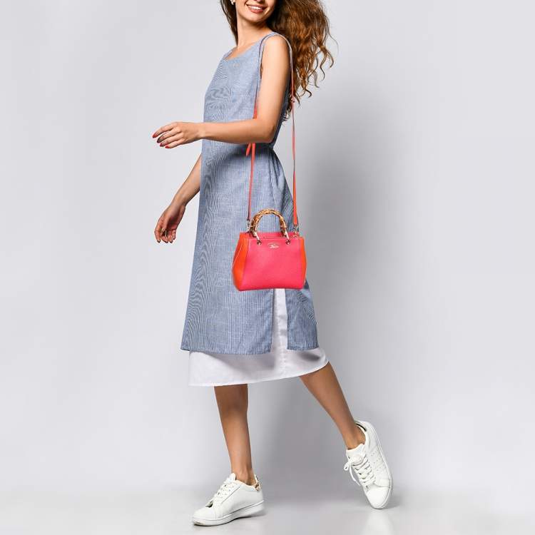 Pre Owned Gucci Pink/Orange Leather Mini Bamboo Tote