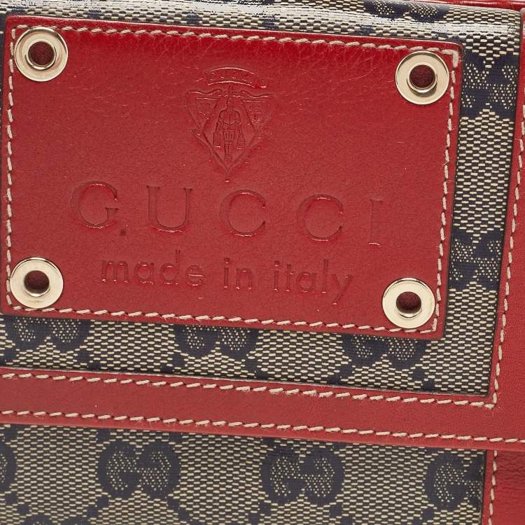 Pre Owned Gucci Red/Blue GG Supreme Crystals Canvas and Leather Logo Flap Compact Wallet