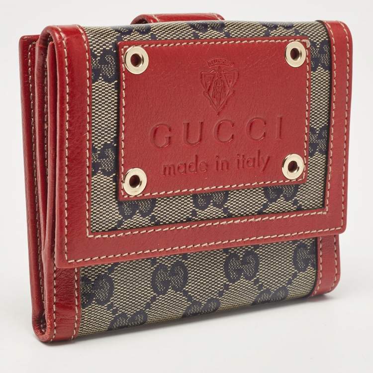 Pre Owned Gucci Red/Blue GG Supreme Crystals Canvas and Leather Logo Flap Compact Wallet