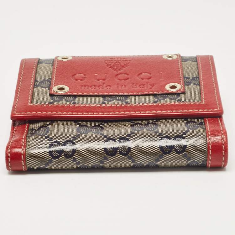 Pre Owned Gucci Red/Blue GG Supreme Crystals Canvas and Leather Logo Flap Compact Wallet