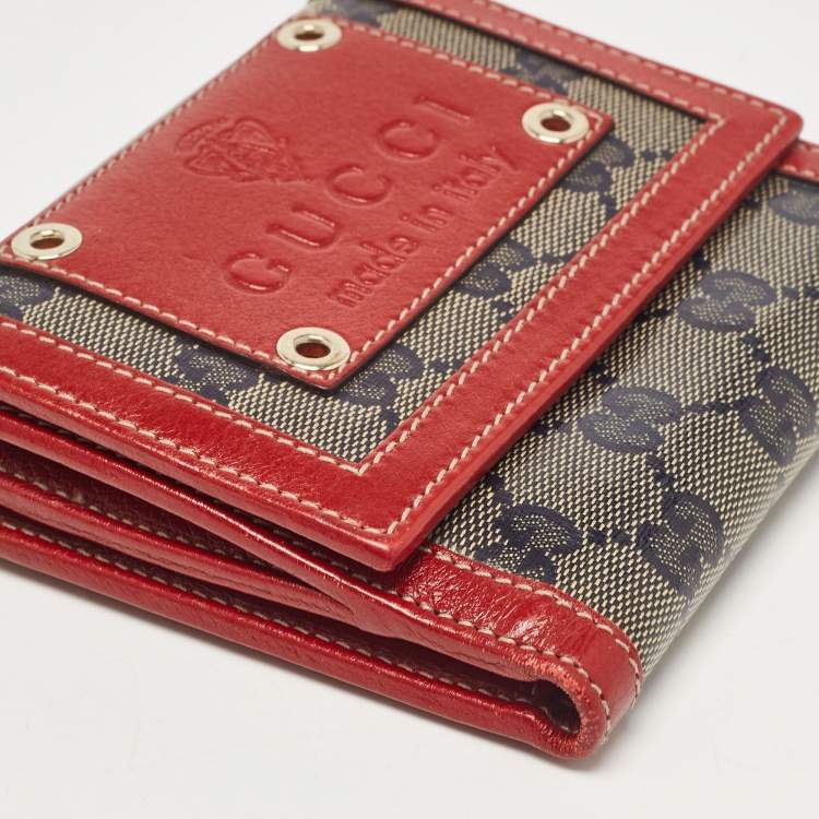 Pre Owned Gucci Red/Blue GG Supreme Crystals Canvas and Leather Logo Flap Compact Wallet