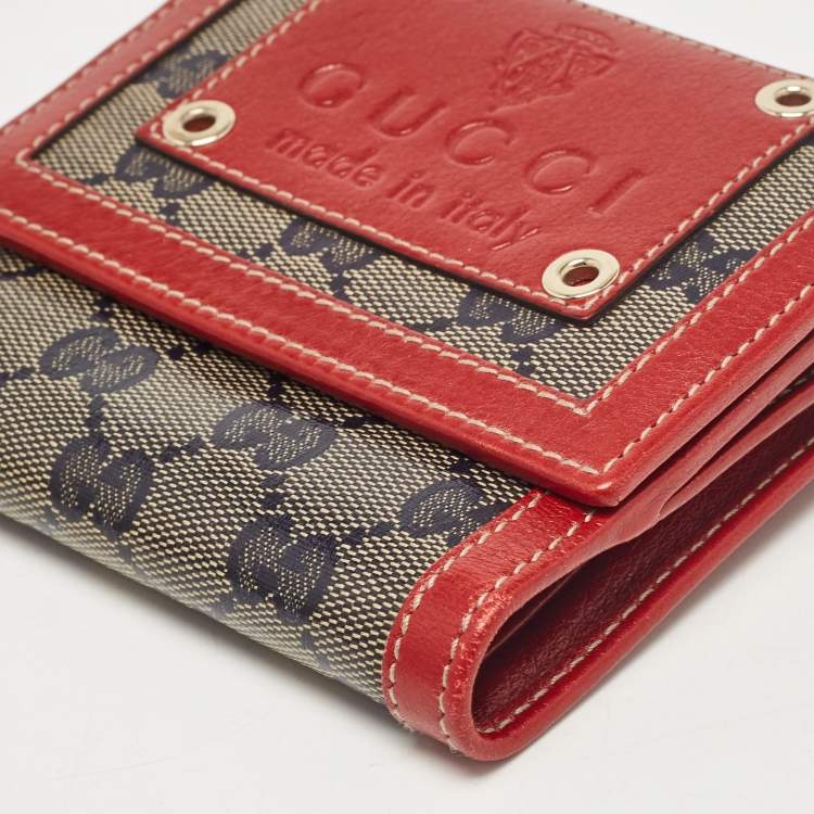 Pre Owned Gucci Red/Blue GG Supreme Crystals Canvas and Leather Logo Flap Compact Wallet