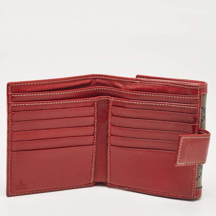 Pre Owned Gucci Red/Blue GG Supreme Crystals Canvas and Leather Logo Flap Compact Wallet
