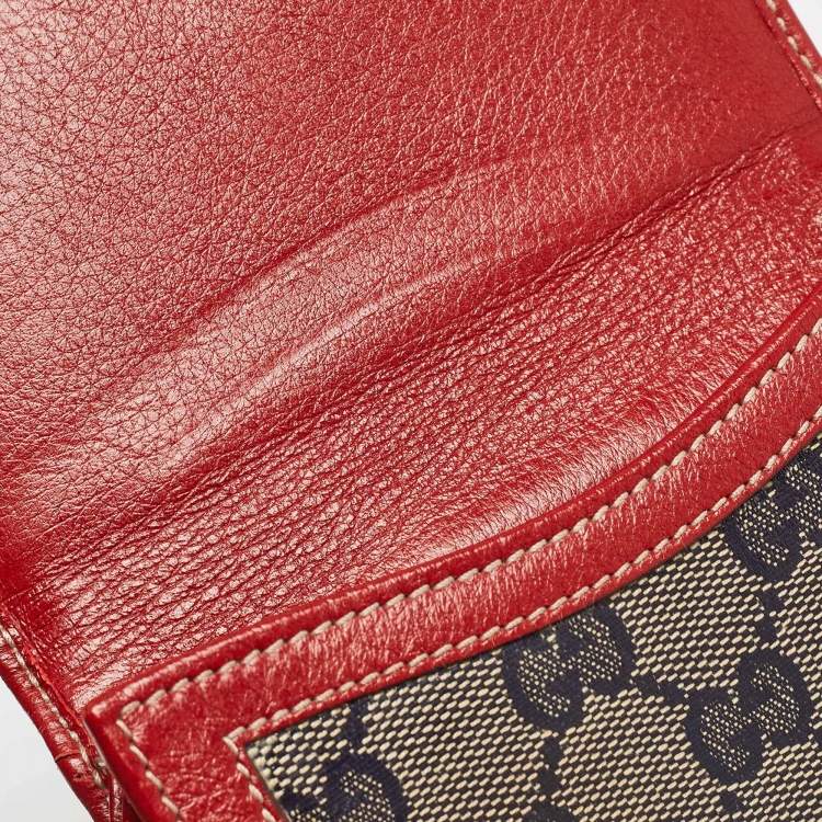 Pre Owned Gucci Red/Blue GG Supreme Crystals Canvas and Leather Logo Flap Compact Wallet