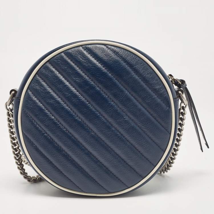 Pre Owned Gucci Navy Blue/White Diagonal Quilt Leather GG Marmont Torchon Round Shoulder Bag